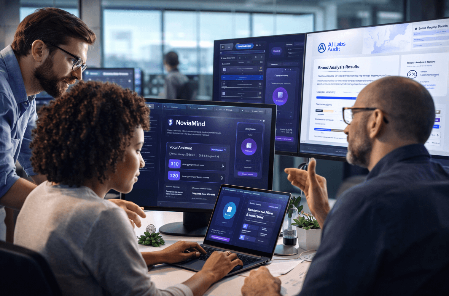 Trois professionnels collaborent autour d’écrans affichant des interfaces d’IA dans un environnement de travail moderne, illustrant des projets concrets issus d’une formation appliquée chez Alyra, entre analyse de données, agents intelligents et usages métiers réels.