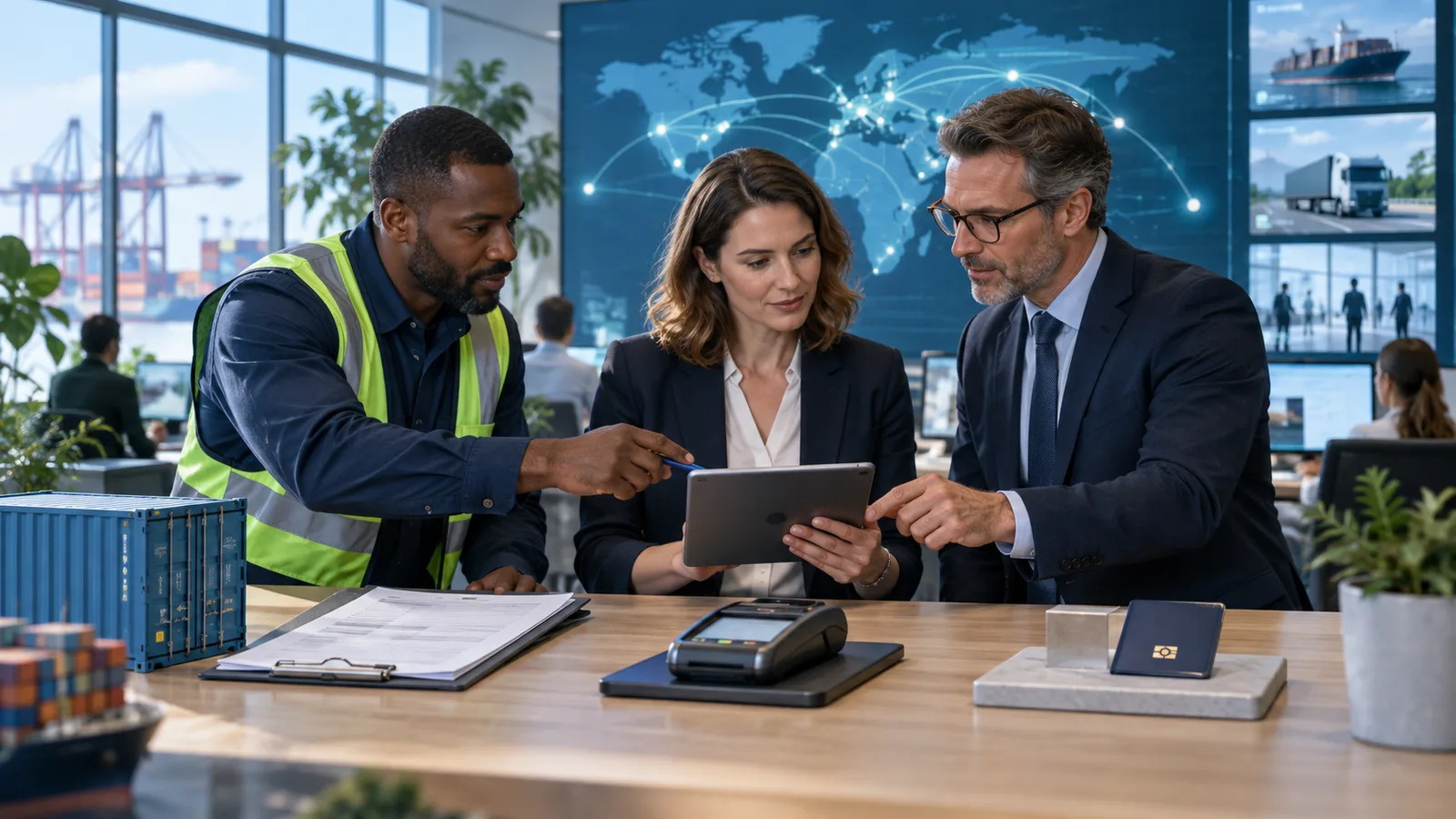 Professionnels vérifiant ensemble des opérations logistiques et financières partagées.