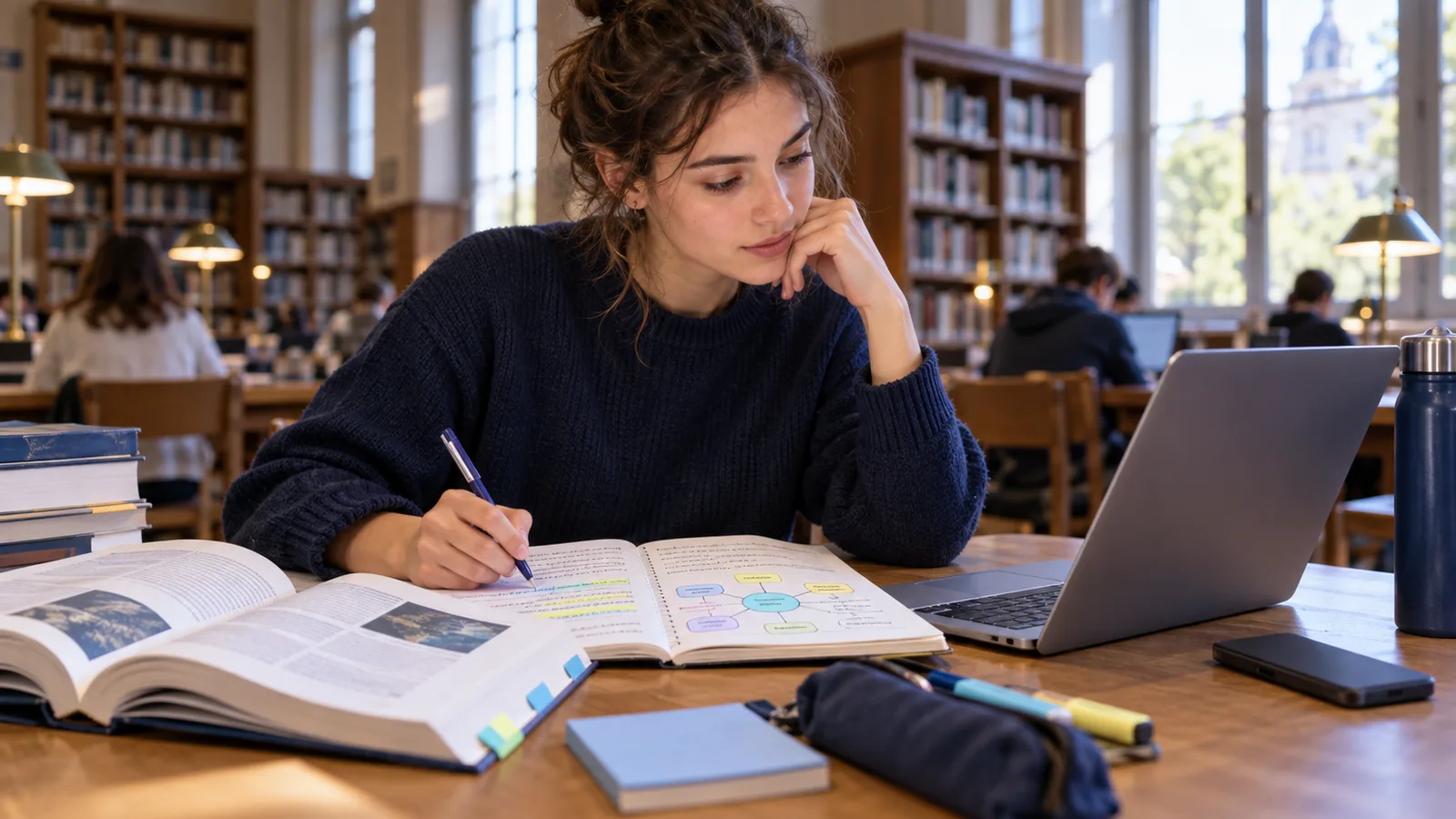 Étudiante utilisant activement ses notes et un ordinateur pour apprendre avec l’IA.