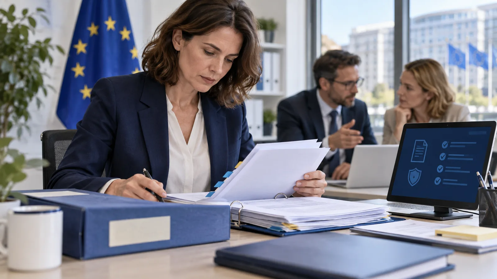 Spécialiste conformité examinant un dossier de transparence IA dans un contexte européen.