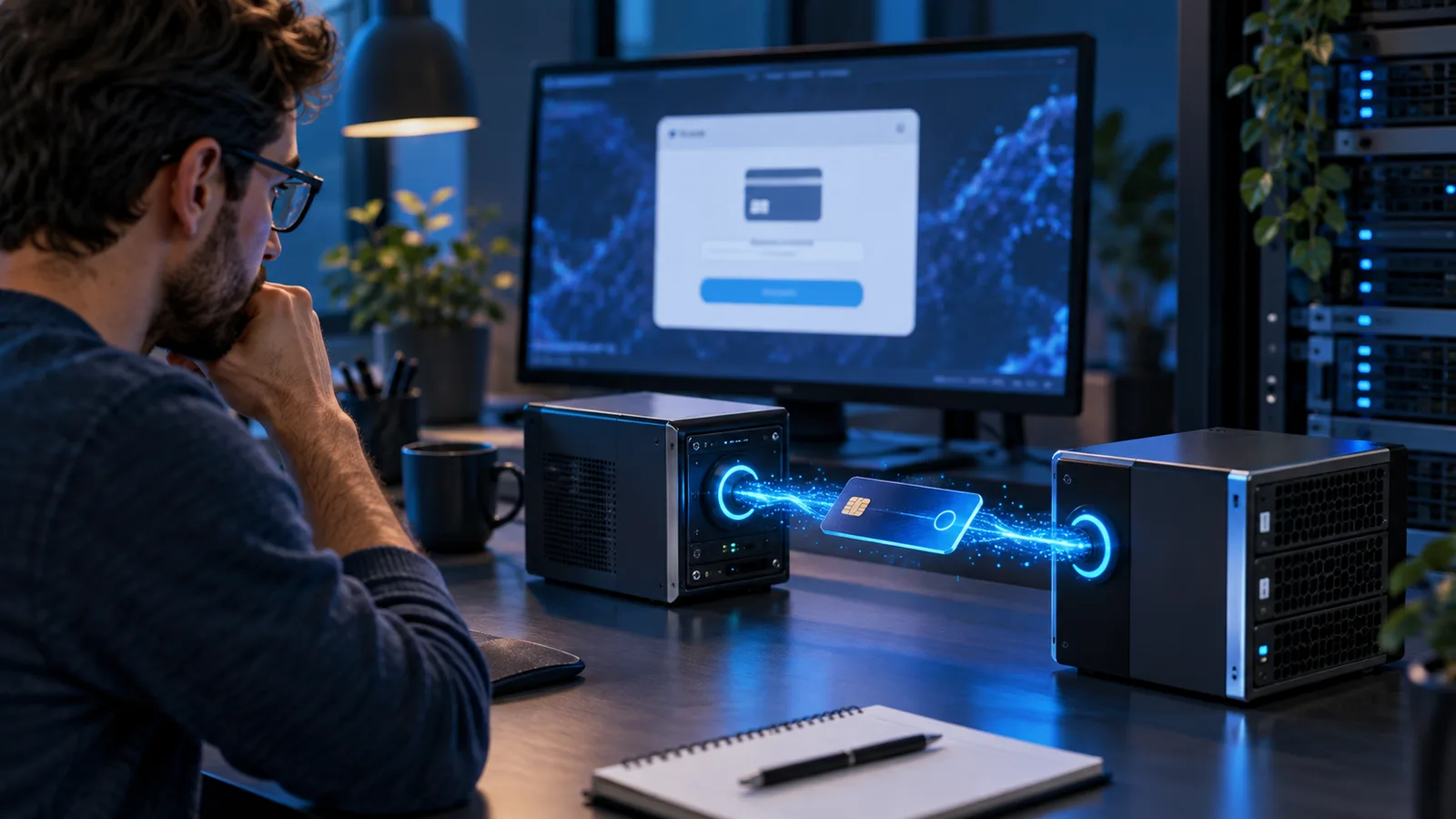 Développeur contrôlant un paiement automatisé entre deux services web.