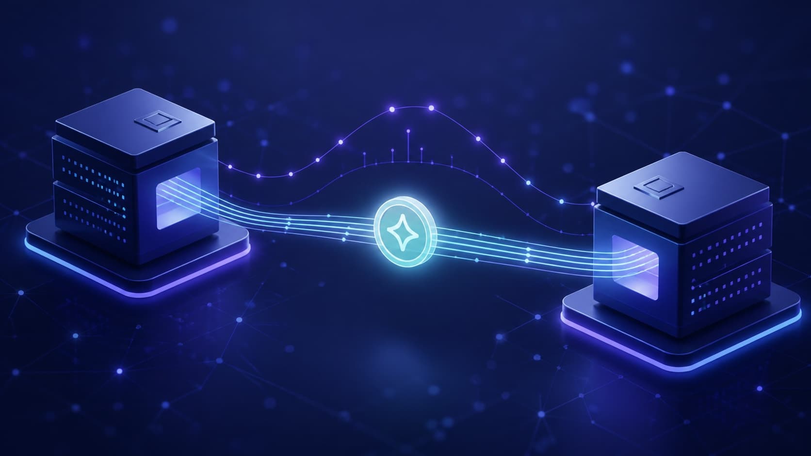 Illustration de deux serveurs échangeant un micro-paiement via un protocole blockchain.