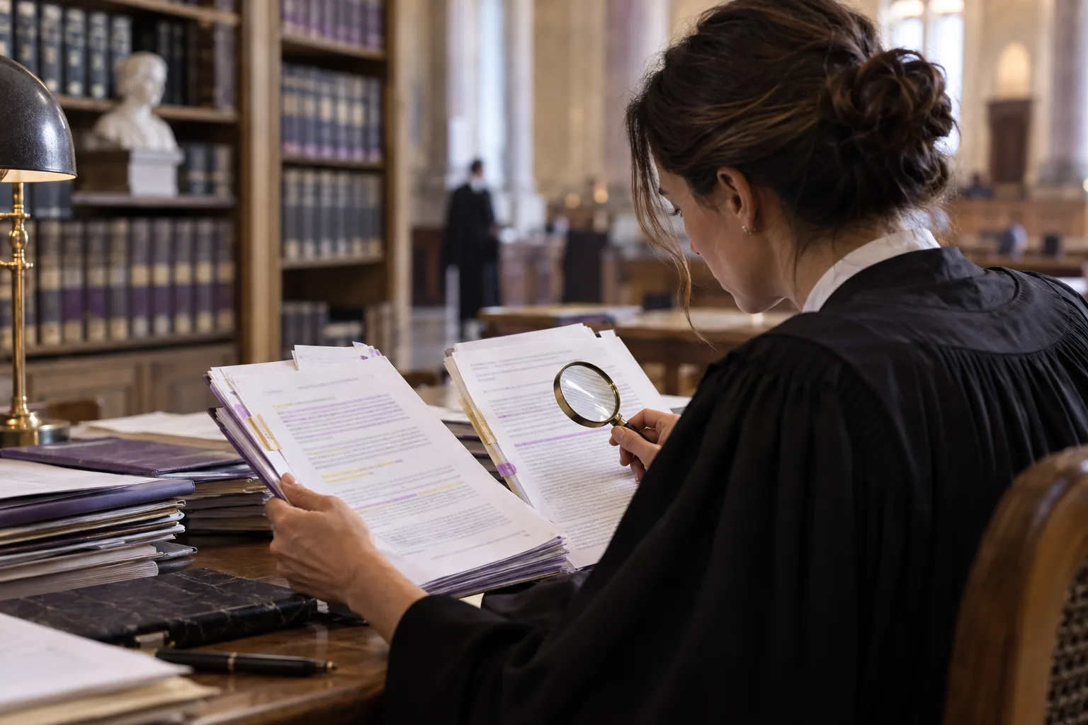Illustration éditoriale d’une juriste vérifiant attentivement des documents de justice dans une bibliothèque de tribunal.
