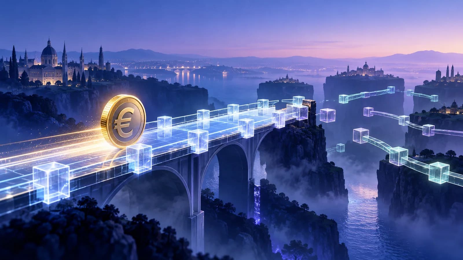 Un euro lumineux avance sur un pont blockchain encore incomplet, entre réussite technique et adoption fragmentée en Europe.