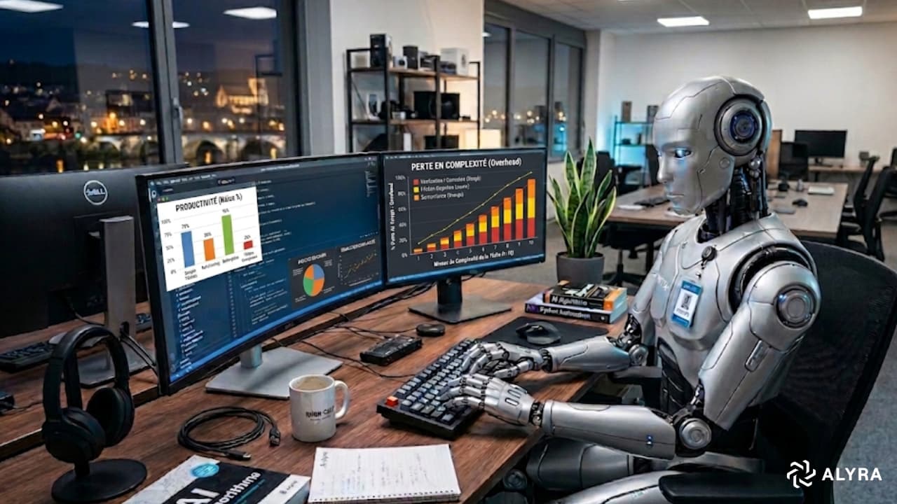 Un robot tapant sur un clavier d'ordinateur dans un bureau la nuit. Ses deux écrans affichent des graphiques analysant la productivité et la perte en complexité liées à l'IA.