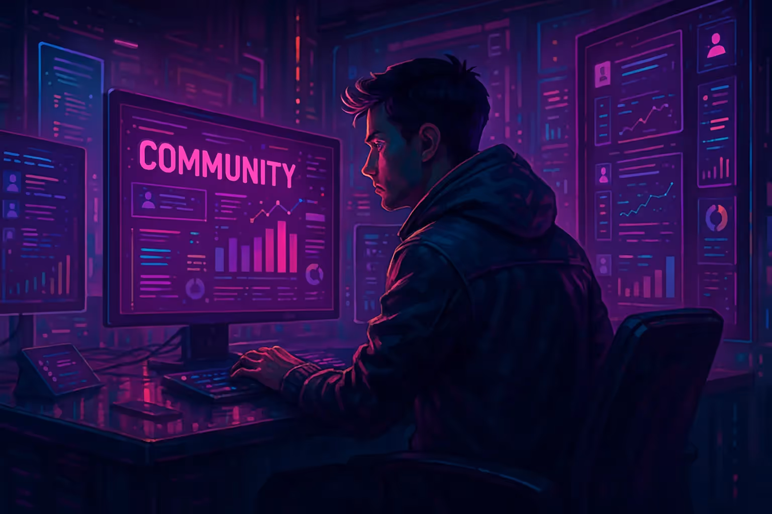 Community manager cyberpunk devant des écrans futuristes
