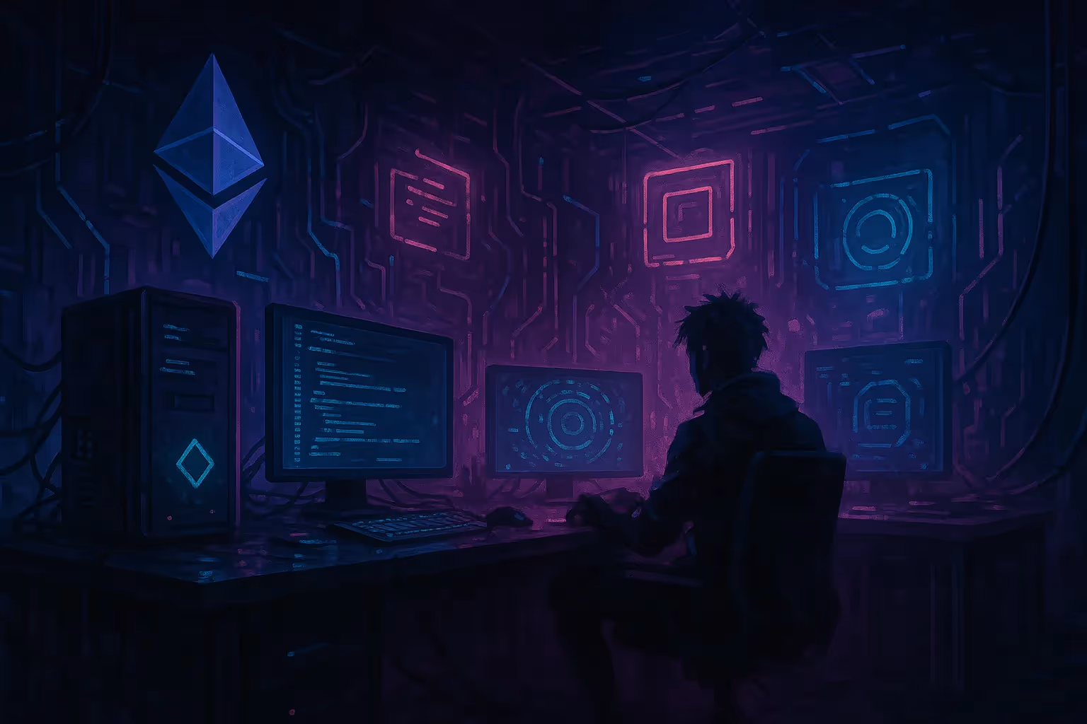 Scène cyberpunk d’un développeur devant plusieurs écrans lumineux dans un univers futuriste Web3.
