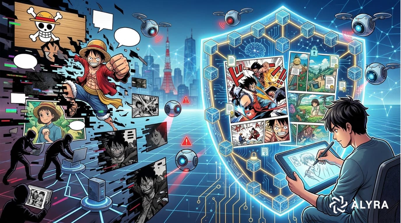 Une illustration complexe et futuriste pour Alyra, contrastant un paysage numérique chaotique de piratage de mangas sur la gauche avec un écosystème structuré et protégé par la blockchain sur la droite. À gauche, des pirates informatiques opèrent au milieu de personnages (comme Luffy de One Piece) et de logos défectueux. À droite, un puissant bouclier bleu composé de blocs hexagonaux et de chemins neuronaux protège des planches de mangas claires et séquentielles ainsi qu'un artiste sur une tablette, symbolisant l'avenir de la création et de la distribution sécurisées construit par Alyra.