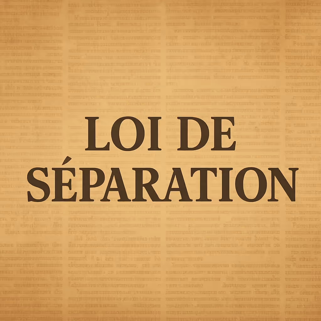 Illustration vintage avec fond texturé couleur parchemin et texte centré “LOI DE SÉPARATION” en lettres capitales sombres, inspirée du style d’un journal ancien.