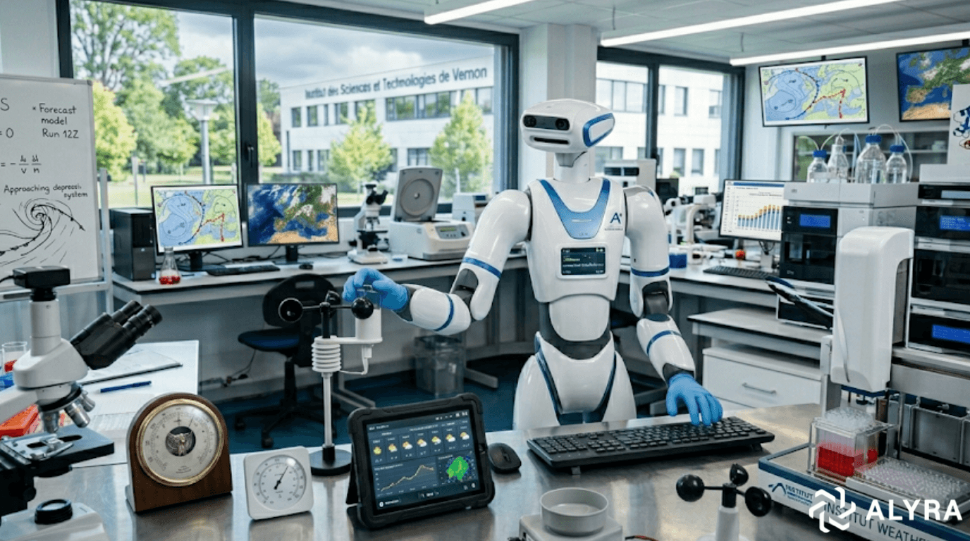 Un robot humanoïde blanc et bleu se tient dans un laboratoire de recherche, entouré d'instruments de mesure météorologique, d'écrans affichant des cartes météo et d'un tableau blanc avec des équations.