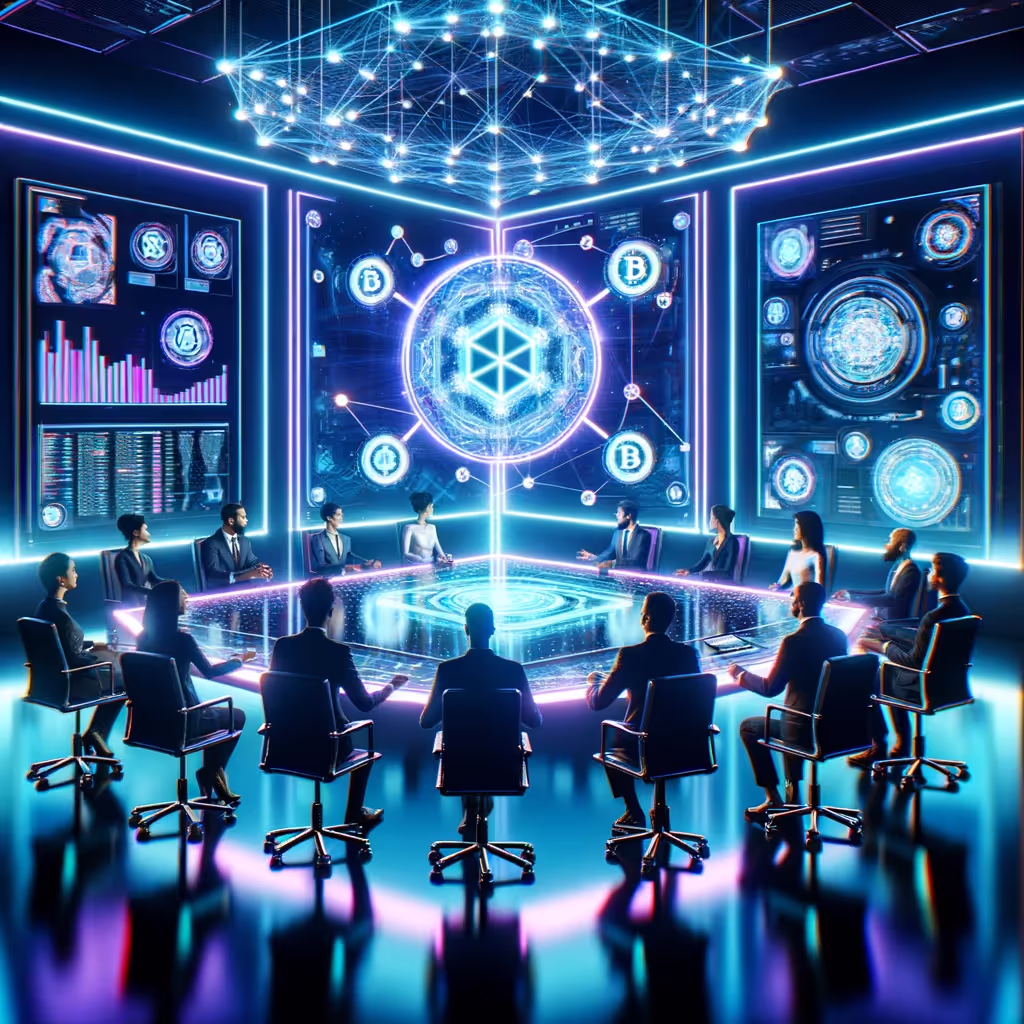 Une salle de conférence futuriste où divers individus sont assis autour d'une table holographique affichant des réseaux de blockchain