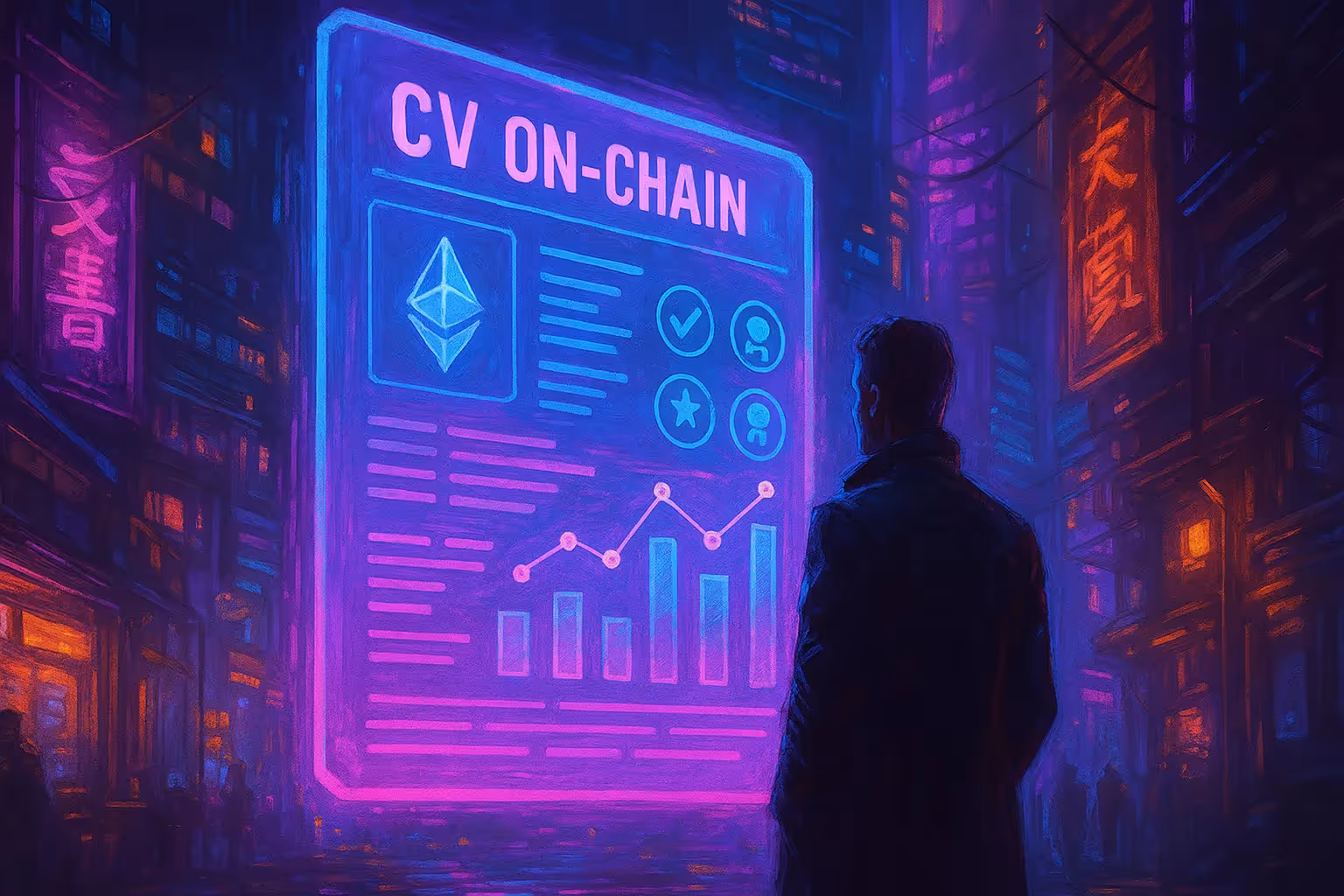 Illustration cyberpunk d’un CV on-chain projeté en hologramme dans une ville futuriste