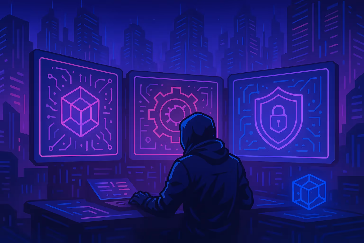Illustration cyberpunk d’un architecte logiciel travaillant sur des écrans futuristes