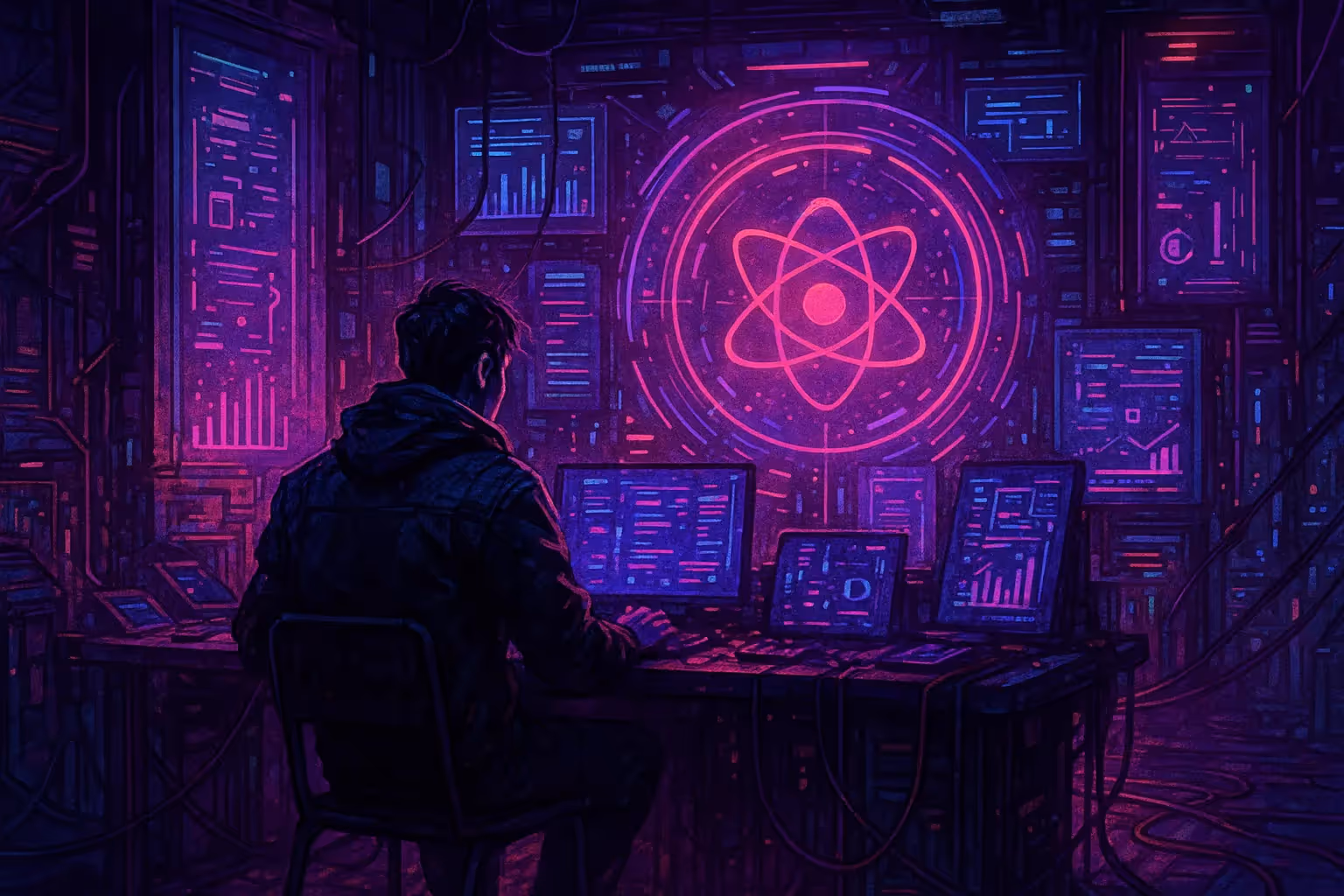 Image cyberpunk illustrant la contribution à une DAO, avec un développeur devant des écrans futuristes dans un univers Web3 et blockchain.