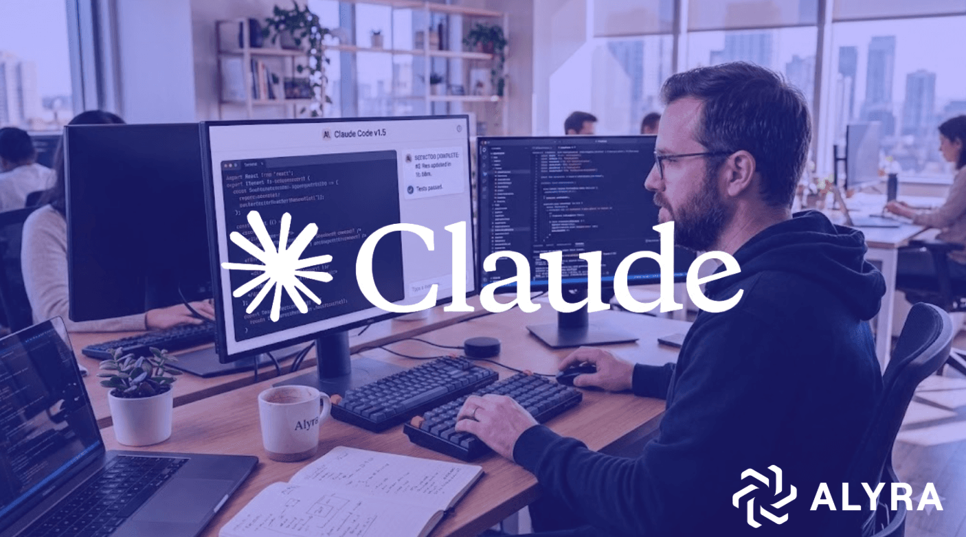 Un développeur barbu de l'équipe Alyra travaille à son bureau multi-écrans. L'écran principal affiche une interface de code React et une fenêtre de chat de 'Claude Code v1.5' confirmant que 12 fichiers ont été mis à jour avec succès. Son bureau comprend un PC portable, un cahier avec des diagrammes d'architecture et une tasse à café, dans un bureau moderne et lumineux.
