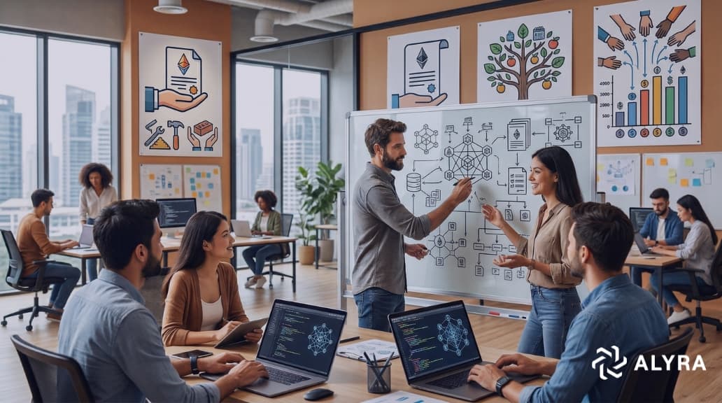 Une vue grand angle d'un bureau moderne en open space lumineux. Un groupe de six professionnels collabore autour d'une table centrale et d'un tableau blanc. Un homme barbu explique des diagrammes complexes de réseaux décentralisés (avec des nœuds et des symboles de blockchain/Ethereum) sur le tableau à une femme écoutant et à quatre autres hommes. Deux hommes sont assis au premier plan, devant des ordinateurs portables affichant du code de programmation. De grandes fenêtres en arrière-plan révèlent une ville de gratte-ciel, avec d'autres personnes travaillant à des bureaux.