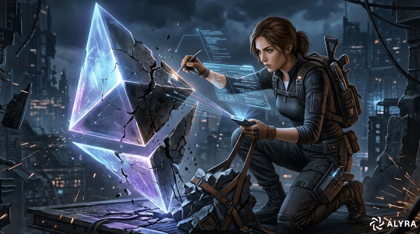 Illustration numérique réaliste de style cyberpunk. Au centre, un grand cristal lumineux représentant le logo Ethereum est gravement fissuré, flottant de manière instable au-dessus d'une plateforme métallique en ruine. À sa droite, une développeuse aux allures d'héroïne d'action, vêtue d'une tenue tactique sombre, est agenouillée. Le regard concentré, elle utilise un stylet technologique et un appareil de diagnostic pour interagir avec un écran holographique flottant rempli de code informatique, tentant de réparer la structure endommagée de l'Ethereum. Le décor de fond est une métropole futuriste et sombre, parsemée de câbles industriels et d'étincelles.