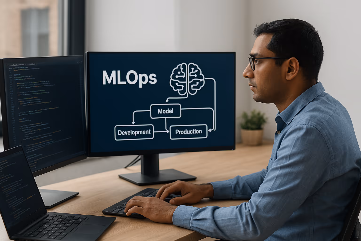 Ingénieur MLOps concentré devant un double écran dans un bureau moderne, avec du code sur un moniteur et un schéma de déploiement de modèles d’IA sur l’autre.