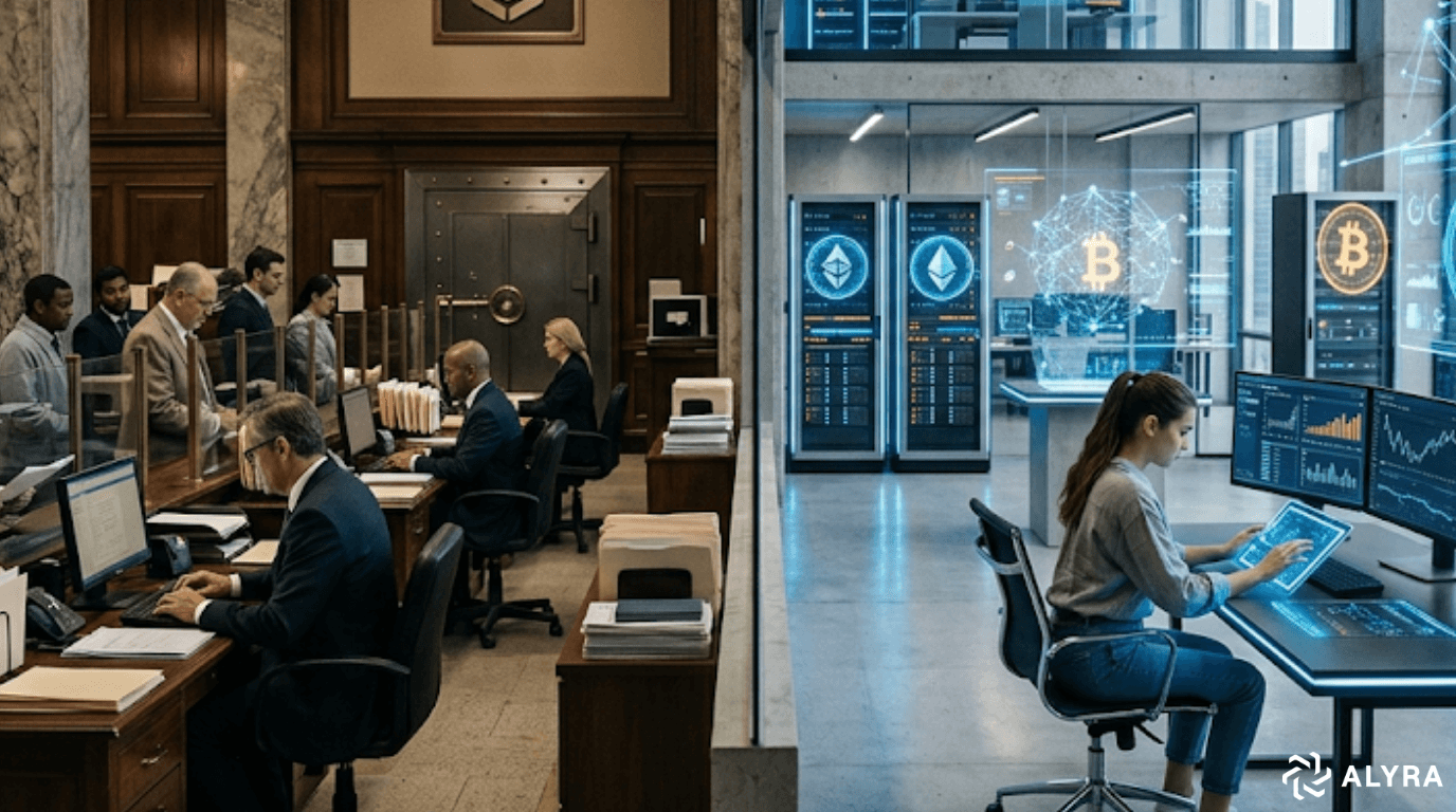 Une image composite divisée verticalement comparant deux ères financières. À gauche, un hall de banque traditionnel classique avec des employés en costume, des bureaux chargés de dossiers papier et une porte de coffre-fort. À droite, un centre de données de cryptomonnaie moderne avec une femme travaillant sur une tablette futuriste, entourée d'écrans affichant des données et de racks de serveurs lumineux avec des symboles Bitcoin et Ethereum projetés.