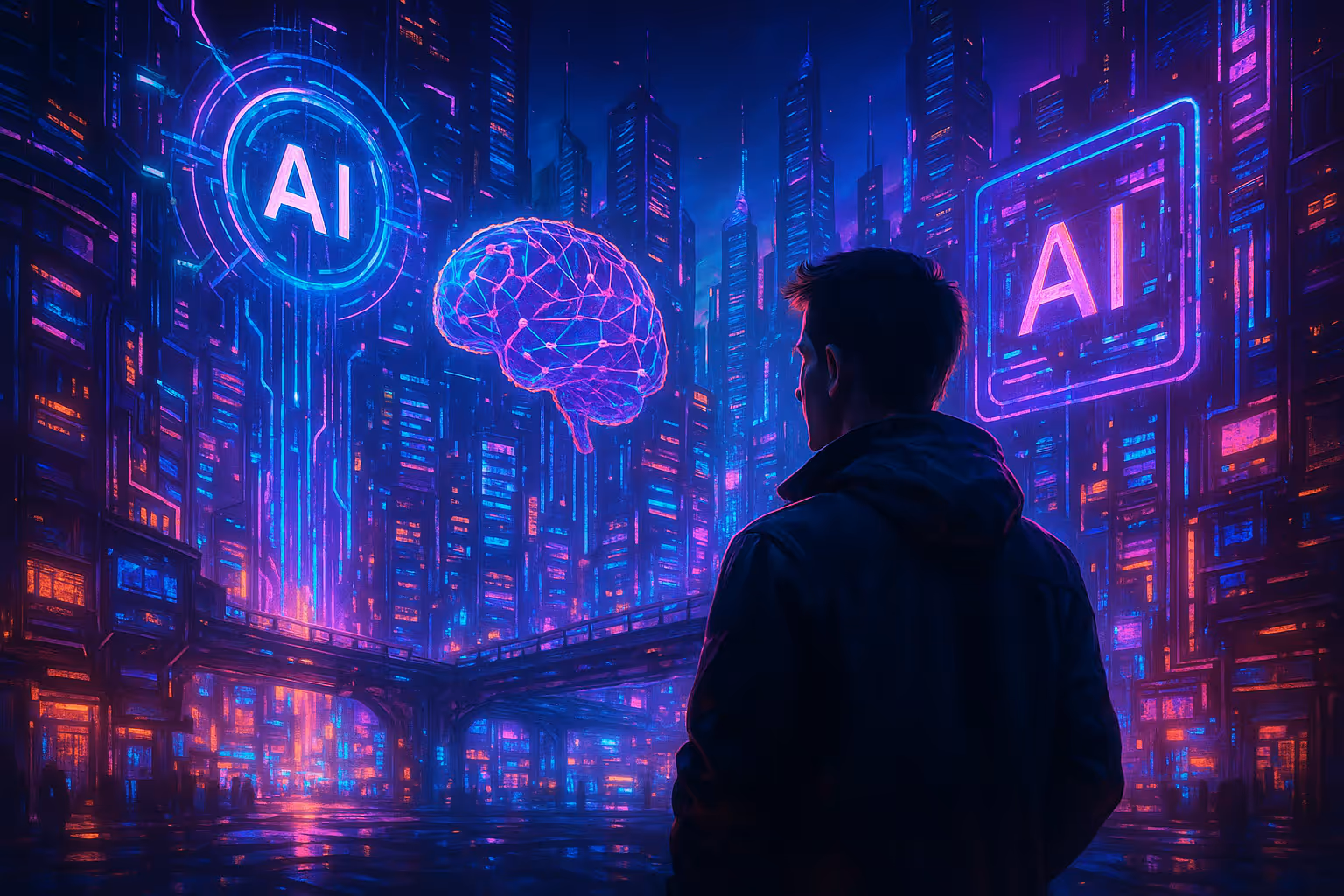 Scène cyberpunk représentant un homme face à une ville futuriste, entouré de flux de données d’intelligence artificielle et d’écrans holographiques.