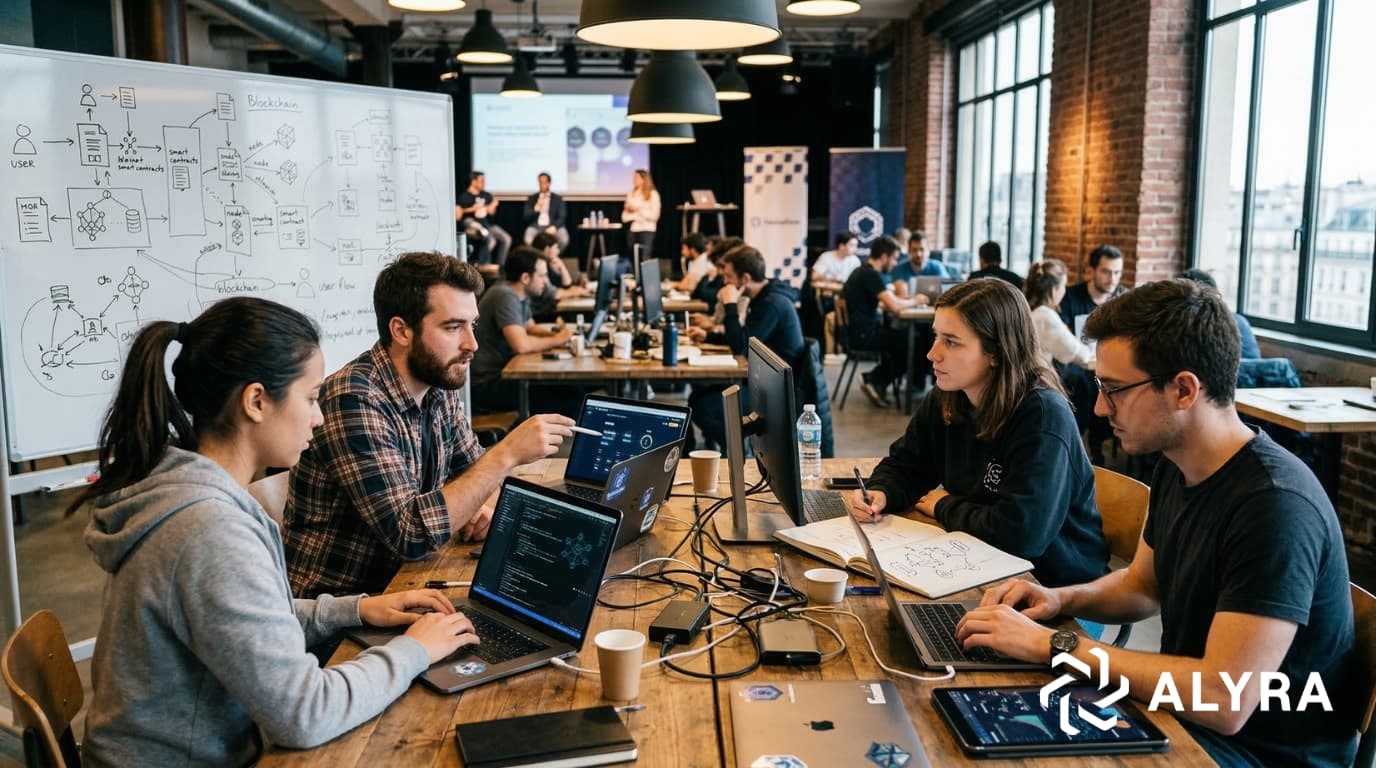 Quatre participants à une formation intensive chez Alyra collaborent activement sur des projets de l'écosystème crypto dans un vaste co-working lumineux. Ils travaillent sur des ordinateurs portables autour d'une grande table en bois et consultent un grand tableau blanc affichant des schémas d'architecture blockchain et des diagrammes de flux utilisateur.