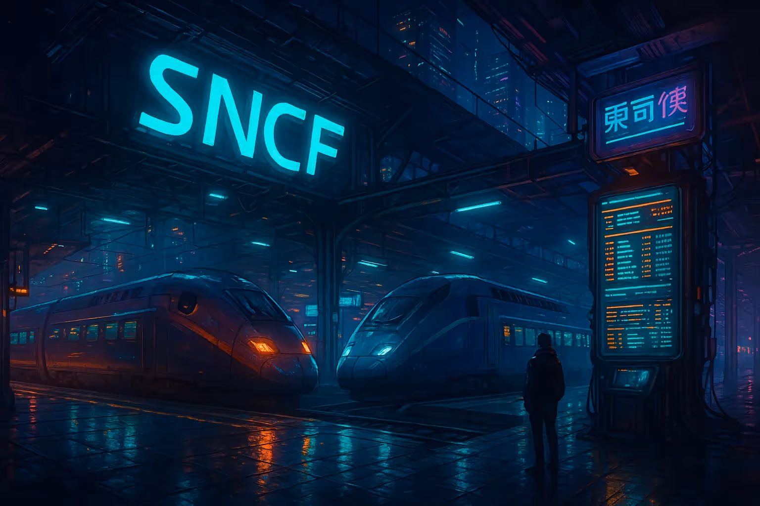 Illustration cyberpunk futuriste d’une gare SNCF, avec trains lumineux, écrans de données et ambiance néon technologique symbolisant l’usage de l’IA dans les transports.