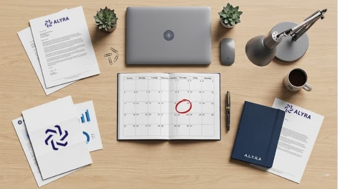 Vue de dessus d'un bureau de travail en bois moderne avec, au centre, un calendrier ouvert ayant une date entourée en rouge. Autour du calendrier sont disposés un ordinateur portable, un stylo, une tasse de café, une lampe et des documents professionnels ainsi qu'un carnet bleu affichant le logo d'Alyra.