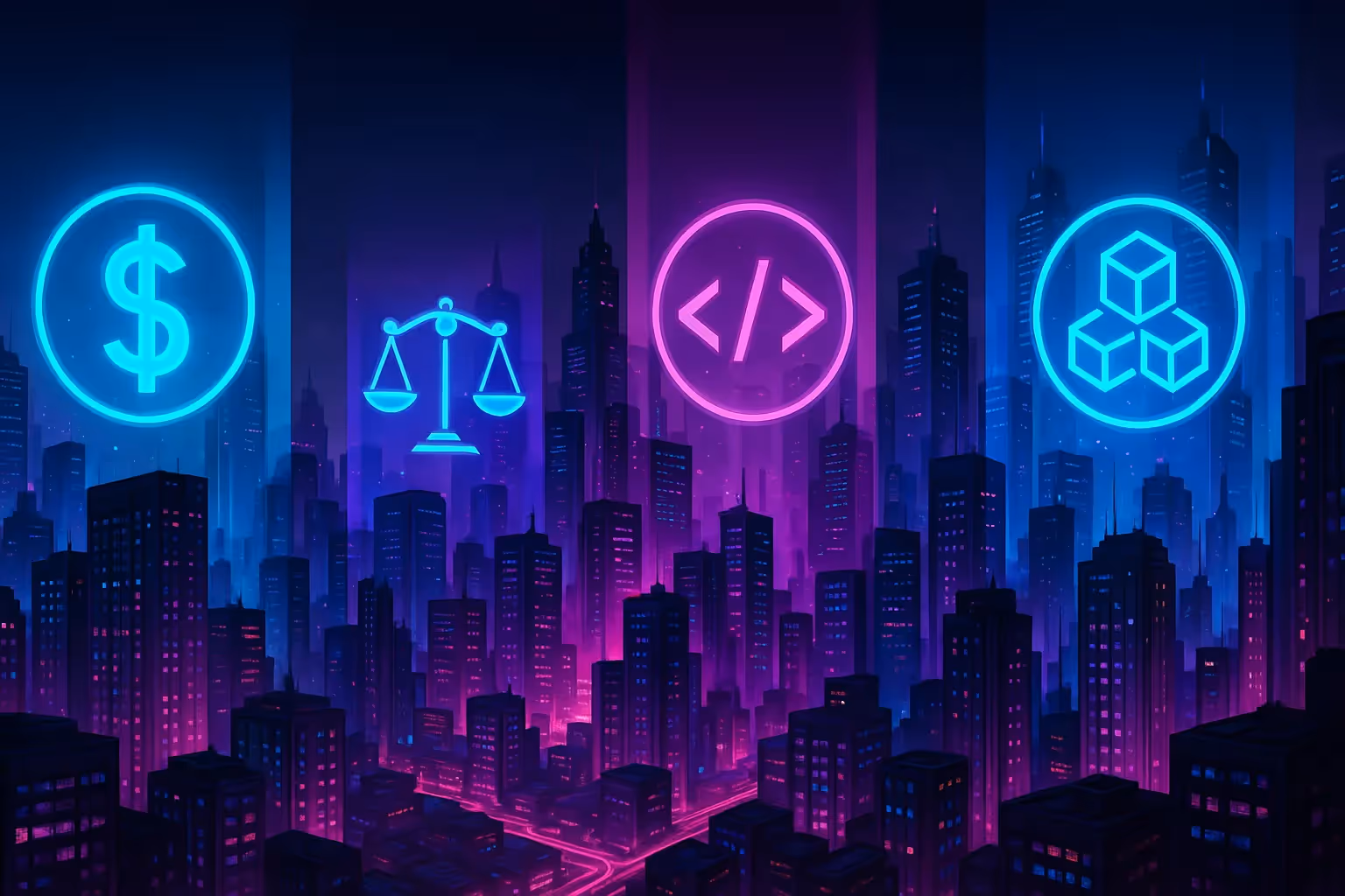 Illustration cyberpunk représentant l’évolution de la blockchain en plusieurs secteurs distincts