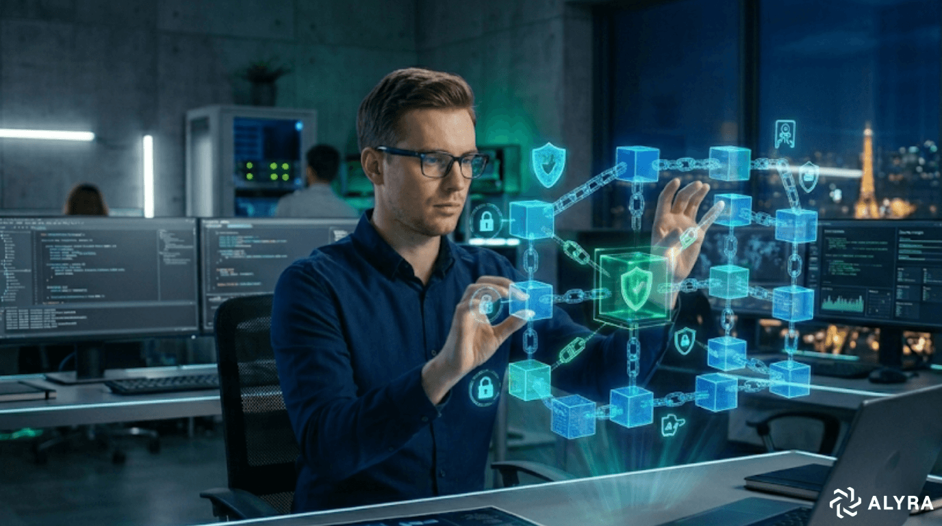 Un homme portant des lunettes examine une structure de blockchain lumineuse en hologramme, illustrée par des chaînes, des cubes et des icônes de boucliers, dans un bureau d'informatique moderne de nuit.