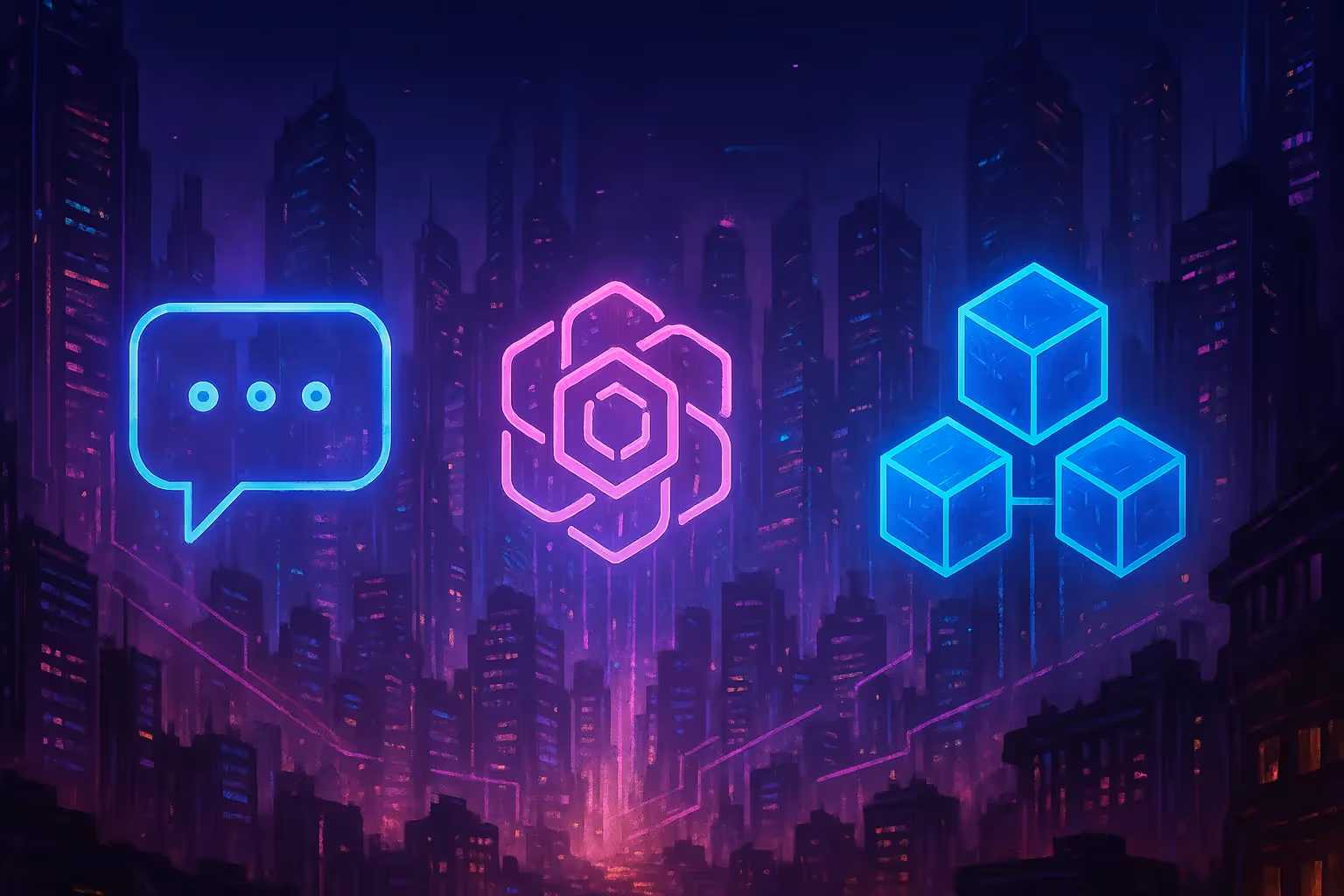 Illustration cyberpunk ChatGPT et blockchain futuriste