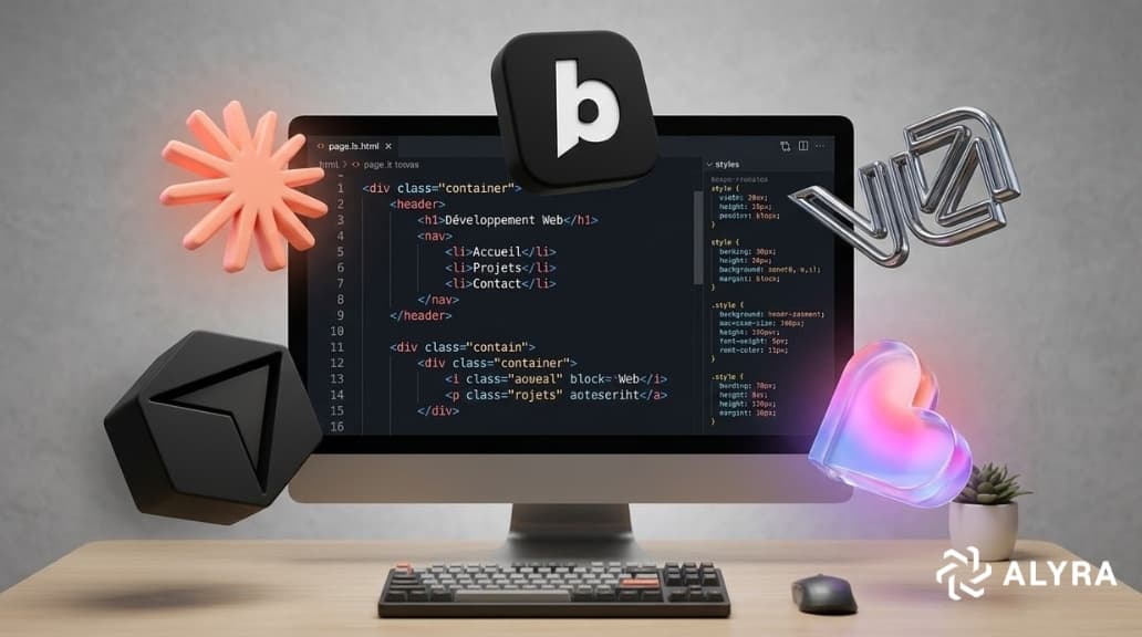 Une photographie réaliste en plan moyen d'un poste de travail de bureau avec un mur de béton texturé en arrière-plan. Un ordinateur de bureau tout-en-un argenté repose sur une table en bois. Son écran affiche du code HTML et CSS en couleur. Devant l'ordinateur, on trouve un clavier mécanique et une souris. À droite de l'ordinateur, une petite plante en pot est visible.