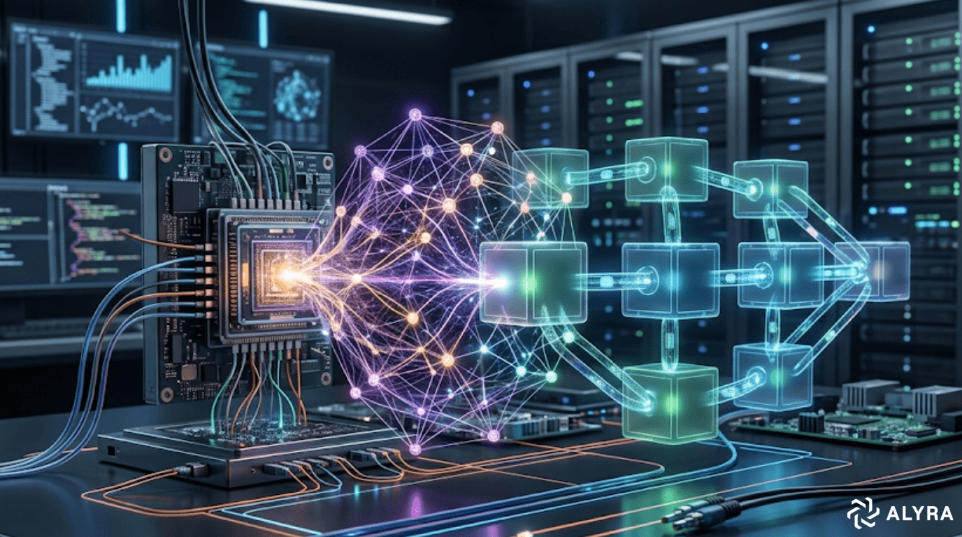 Une illustration conceptuelle réaliste d'une convergence technologique avancée. Au premier plan, un processeur d'ordinateur (UC) actif et lumineux est monté sur une carte de circuit imprimé. De nombreux câbles et fils s'étendent du processeur pour se connecter à une structure réseau flottante et complexe. Cette structure fusionne une sphère de maillage de neurones violette et rose (symbolisant l'Intelligence Artificielle) avec une chaîne de cubes verts interconnectés (symbolisant la Blockchain). Les deux technologies se fondent en un seul réseau de données unifié et brillant. L'arrière-plan est une salle de serveurs moderne et sombre, remplie de racks de données et de moniteurs d'affichage montrant des codes et des visualisations de données complexes, soulignant un environnement de recherche et développement de haute technologie.