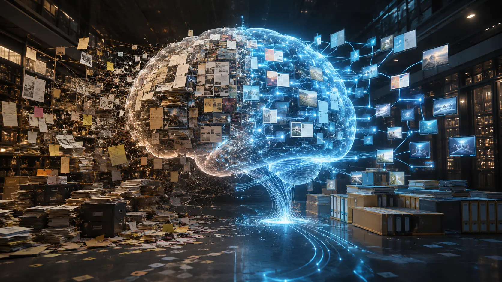 Illustration d'une professionnelle dans un bureau moderne dont la tête laisse apparaître un cerveau robotique lumineux. Elle interagit avec des écrans holographiques détaillant le processus d'un "second cerveau augmenté" par l'IA générative, avec des schémas de données, un assistant virtuel et des mentions sur l'automatisation de la maintenance.