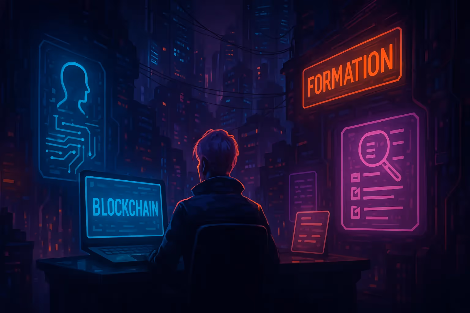 Illustration cyberpunk étudiant formation blockchain IA