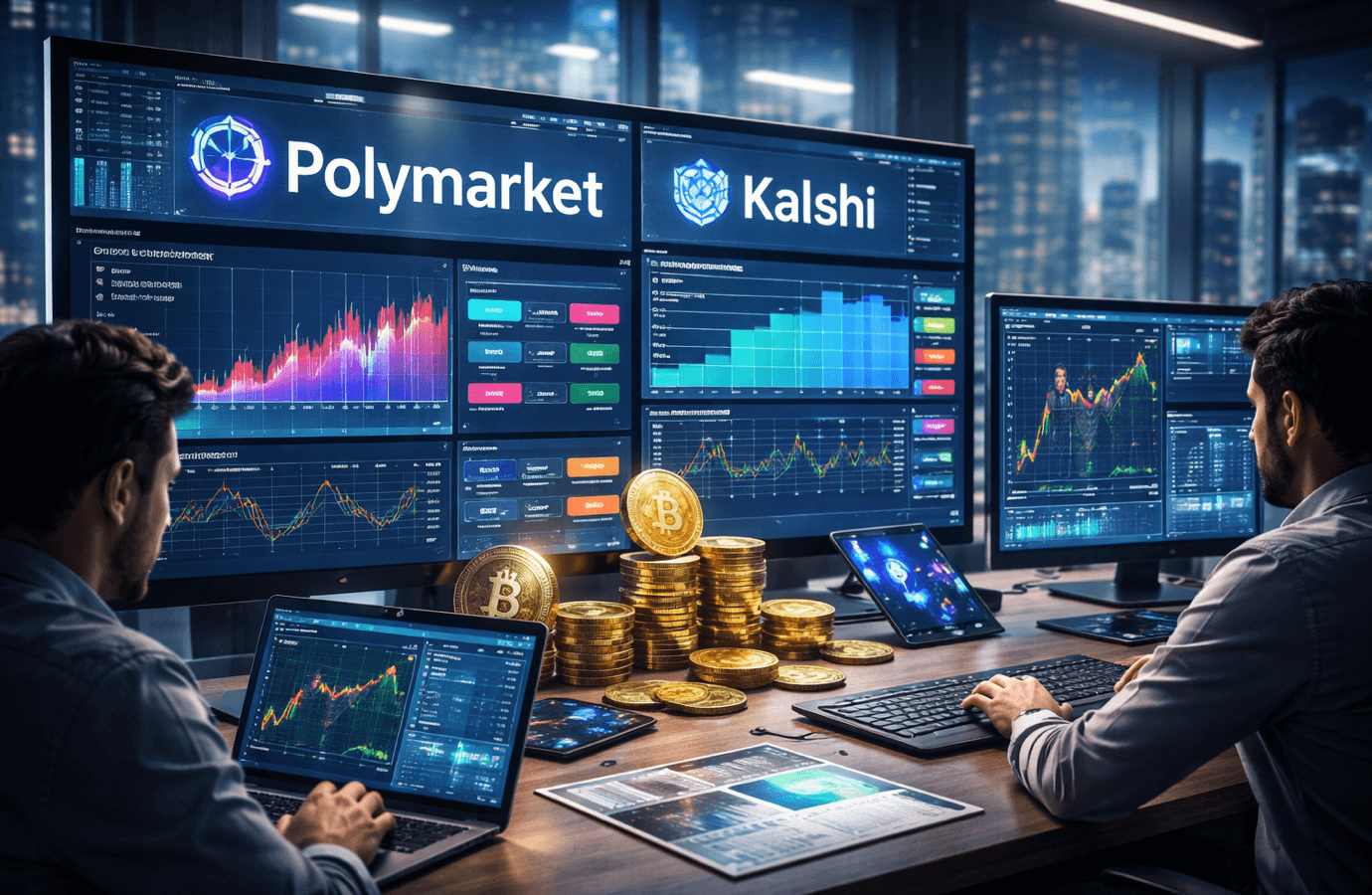 Deux personnes analysent des marchés prédictifs liés à la blockchain sur de grands écrans remplis de graphiques, dans un bureau moderne de nuit avec vue sur une skyline, tandis que des jetons crypto sont posés sur la table.