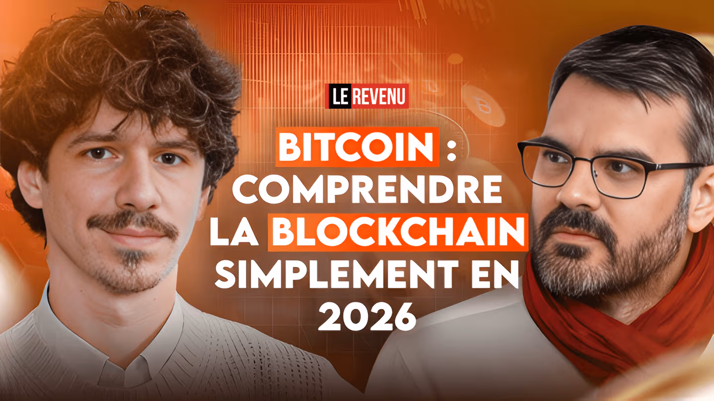 miniature d'une vidéo youtube. On y voit deux hommes face à face devant un décor coloré avec le titre de la video en gros : "Bitcoin : comprendre la blockchain en 2026"