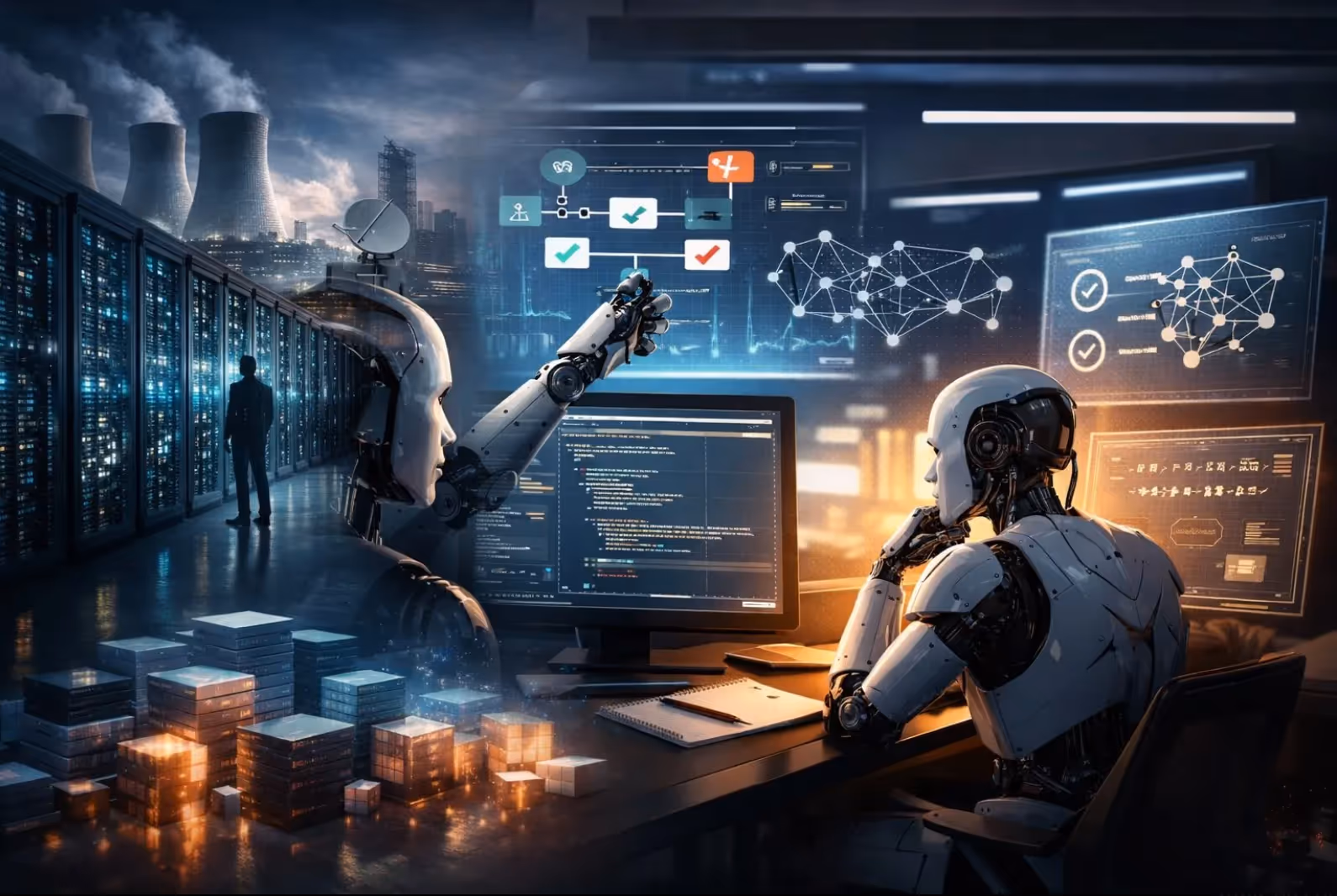 Représentation conceptuelle de la transition technologique en IA : à gauche, une infrastructure de serveurs massive et encombrée symbolisant le Scaling ; à droite, un cerveau organique et numérique lumineux illustrant l'apprentissage par renforcement et l'efficience algorithmique.