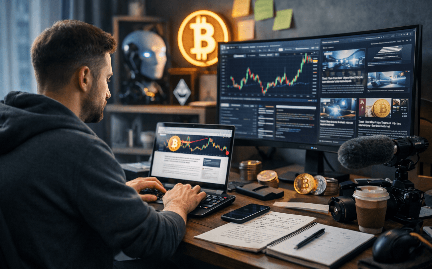 Rédacteur spécialisé crypto travaillant sur son ordinateur dans un bureau moderne avec graphiques blockchain affichés à l’écran, illustrant l’analyse et la production de contenu sur l’écosystème crypto pour Alyra.