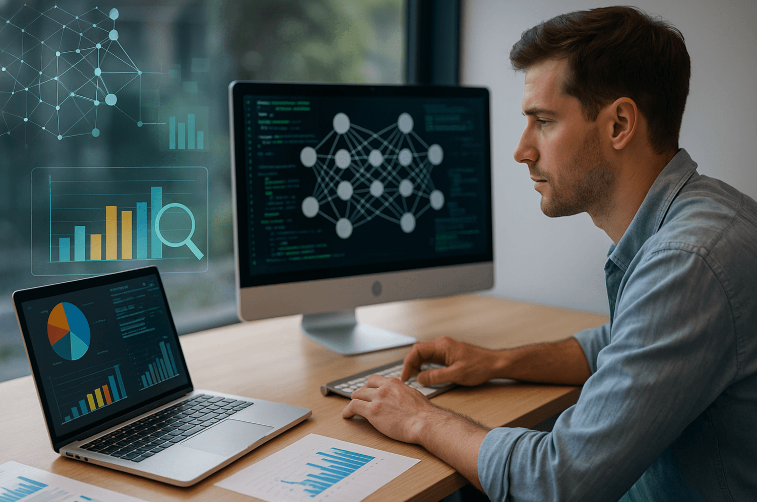 Illustration représentant le rôle du Data Scientist : flux de données, modèles d’IA et éléments visuels symbolisant l’analyse et la préparation des données.