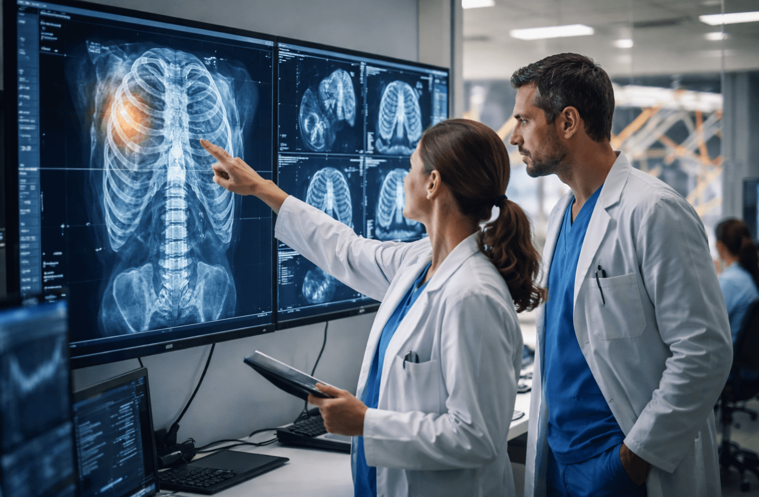 Dans une salle de diagnostic moderne, deux médecins en blouse blanche analysent des images médicales haute résolution affichant un scanner 3D du thorax et des IRM cérébrales avec des surbrillances indiquant une analyse par IA. L’ambiance est technologique et collaborative, illustrant l’innovation en santé et la transformation des métiers grâce à l’IA, dans l’esprit des formations proposées par Alyra.