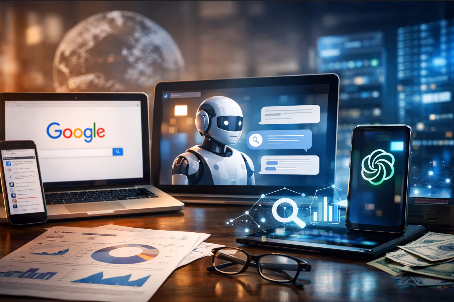 Illustration réaliste montrant l’évolution de la recherche en ligne, avec un moteur de recherche classique sur ordinateur et, en parallèle, une interface d’intelligence artificielle conversationnelle symbolisant les nouveaux usages de l’IA pour accéder à l’information.