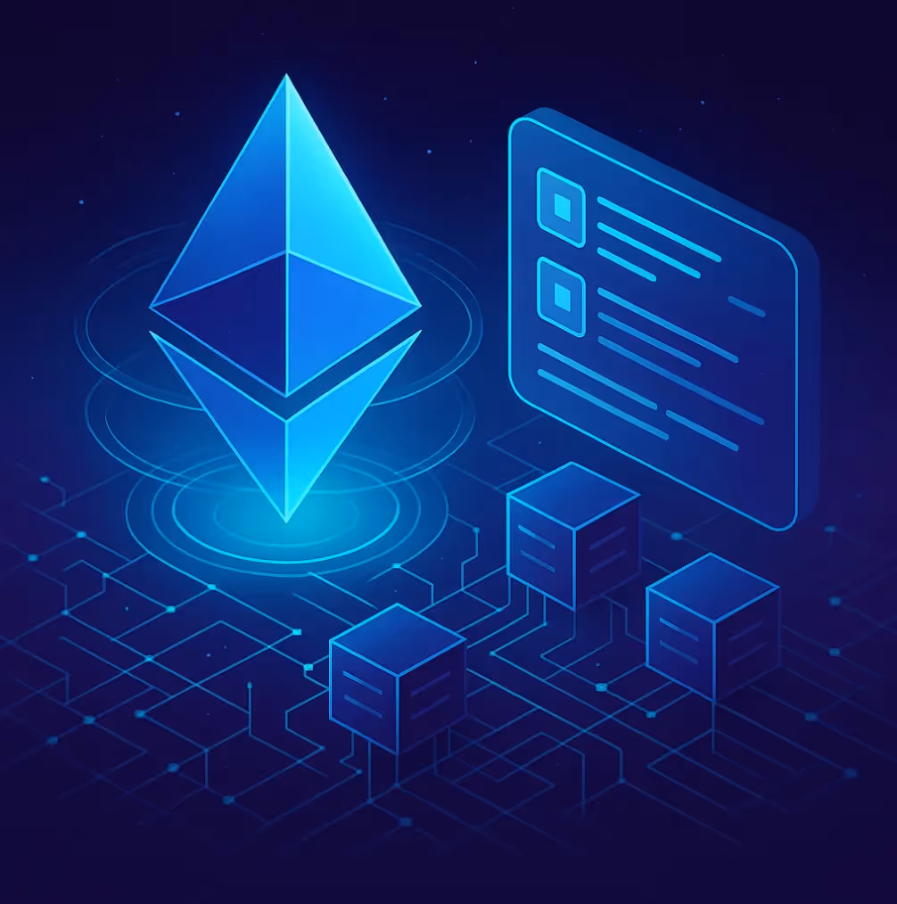 Illustration futuriste du réseau Ethereum en évolution, symbolisant ses prochaines mises à jour pour plus de rapidité et de décentralisation.