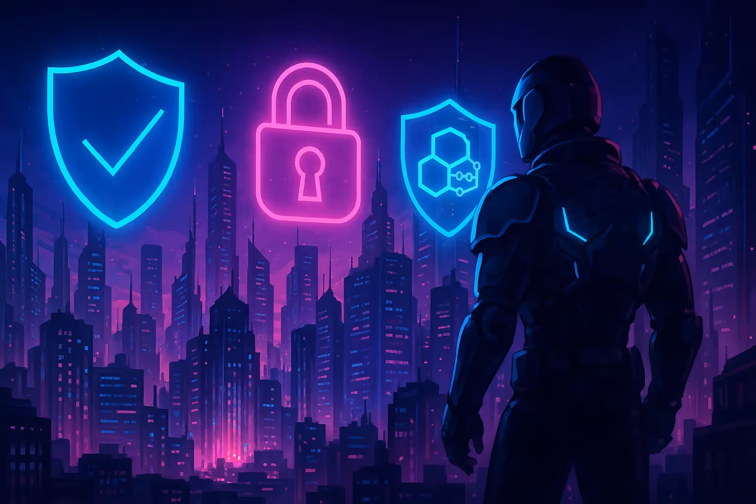 Illustration cyberpunk d’un gardien surveillant des hologrammes de sécurité dans une ville futuriste