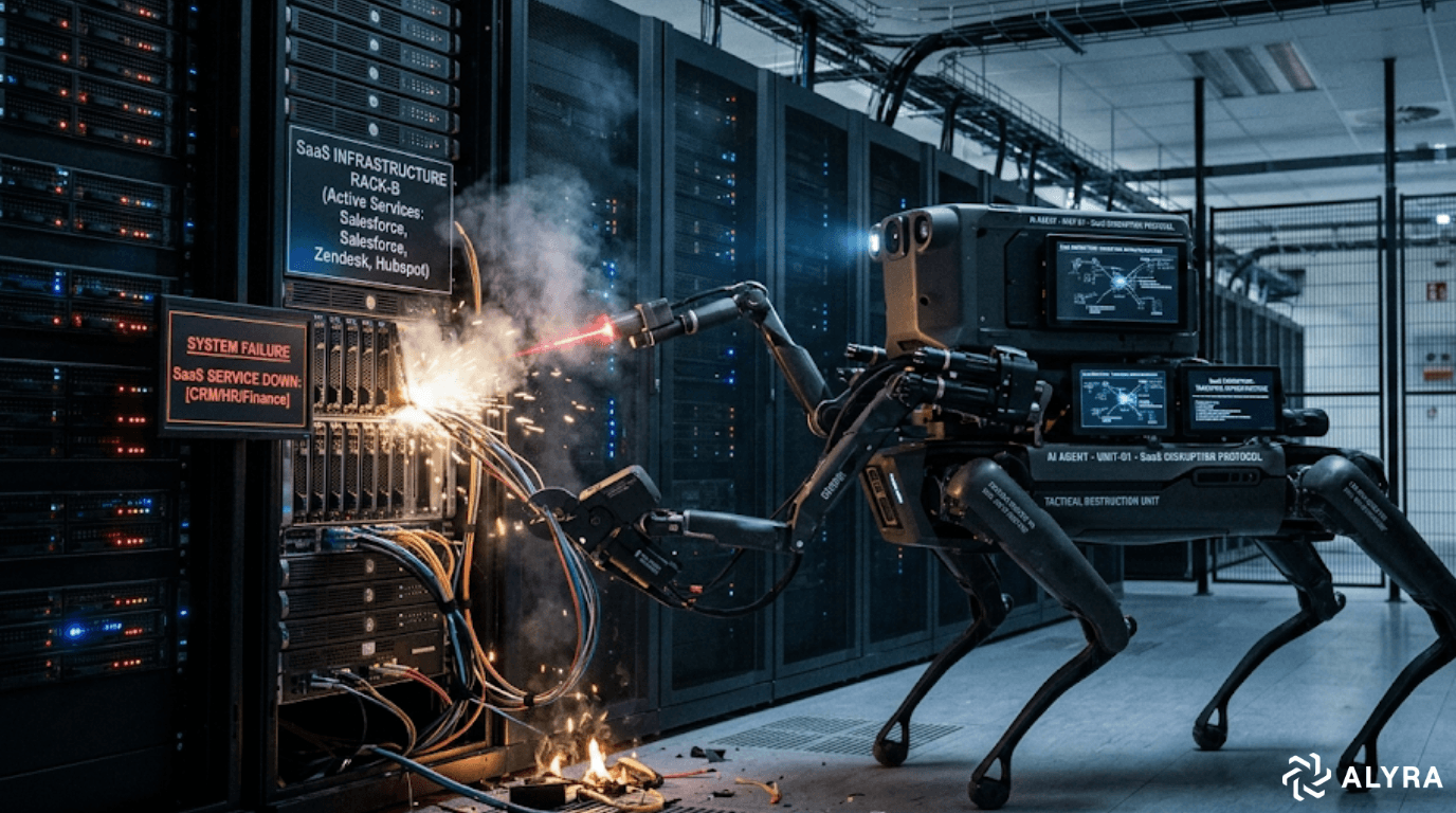 Une image photoréaliste montrant un robot quadrupède gris, de type militaire, dans l'allée d'un centre de données moderne. Le robot utilise un bras mécanique articulé équipé d'un chalumeau laser pour sectionner violemment les câbles et le matériel d'une baie de serveurs. L'action génère un jet d'étincelles, de la fumée blanche et des débris enflammés sur le sol. Le flanc du robot est équipé de petits écrans de contrôle et porte l'inscription "AI AGENT - UNIT-01 - SaaS DISRUPTOR PROTOCOL". Sur l'armoire informatique endommagée, des panneaux identifient la cible : "SaaS INFRASTRUCTURE" (avec des noms comme Salesforce et Zendesk) et un écran d'alerte rouge clignote avec le message "SYSTEM FAILURE : SaaS SERVICE DOWN".
