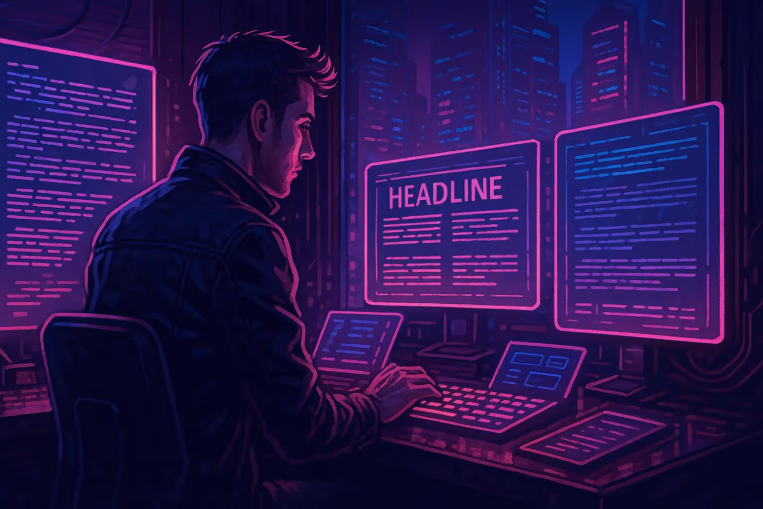 Copywriter cyberpunk écrivant sur des écrans holographiques futuristes