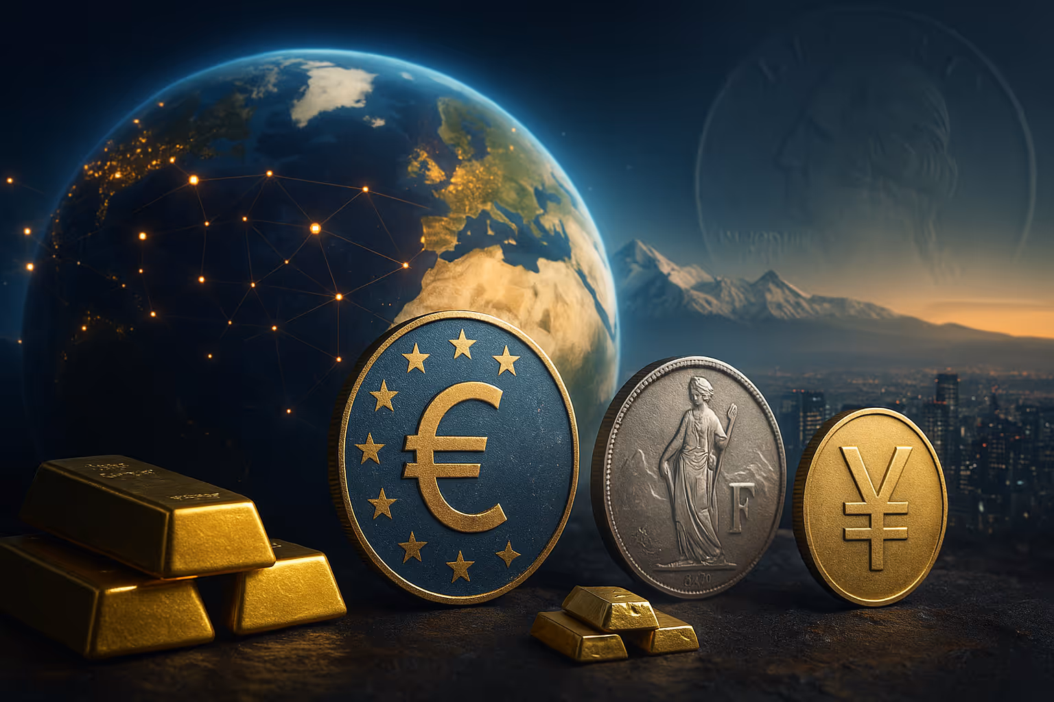 Image réaliste d’un globe terrestre relié par un réseau de nœuds lumineux, avec au premier plan des pièces symbolisant l’euro, le franc suisse, le yen et plusieurs lingots d’or, pour illustrer les stablecoins indexés à différentes monnaies et à l’or.