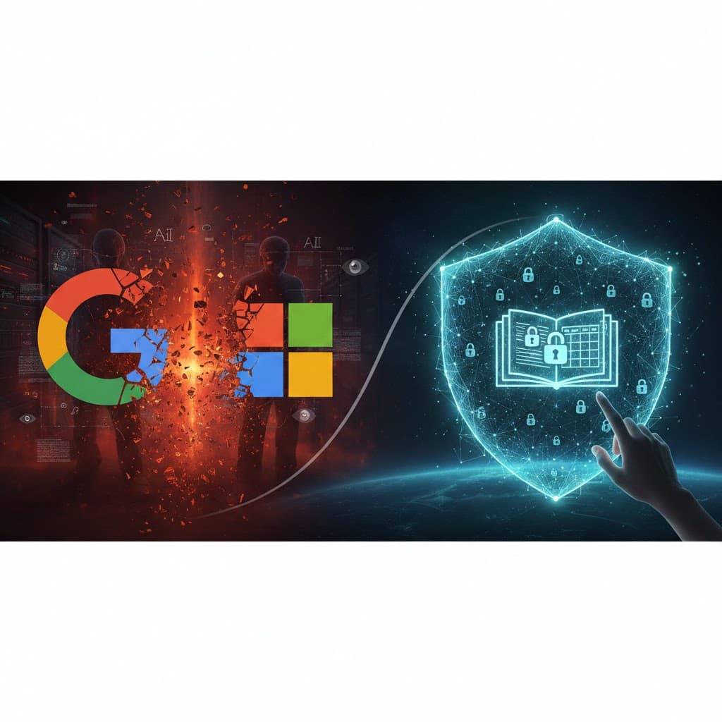 Illustration conceptuelle comparant l'insécurité des serveurs centralisés de Google et Microsoft face à la protection des données par la blockchain. À gauche, les logos des géants technologiques s'effritent sous l'effet de failles de sécurité, tandis qu'à droite, un bouclier numérique décentralisé protège des documents et tableurs, illustrant les solutions de bureautique Web3 enseignées par Alyra.