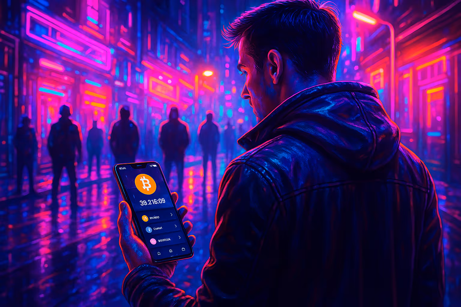 Utilisateur consultant un portefeuille Bitcoin sur smartphone, seul dans une ruelle sombre, illustrant les risques de sécurité liés aux cryptomonnaies.