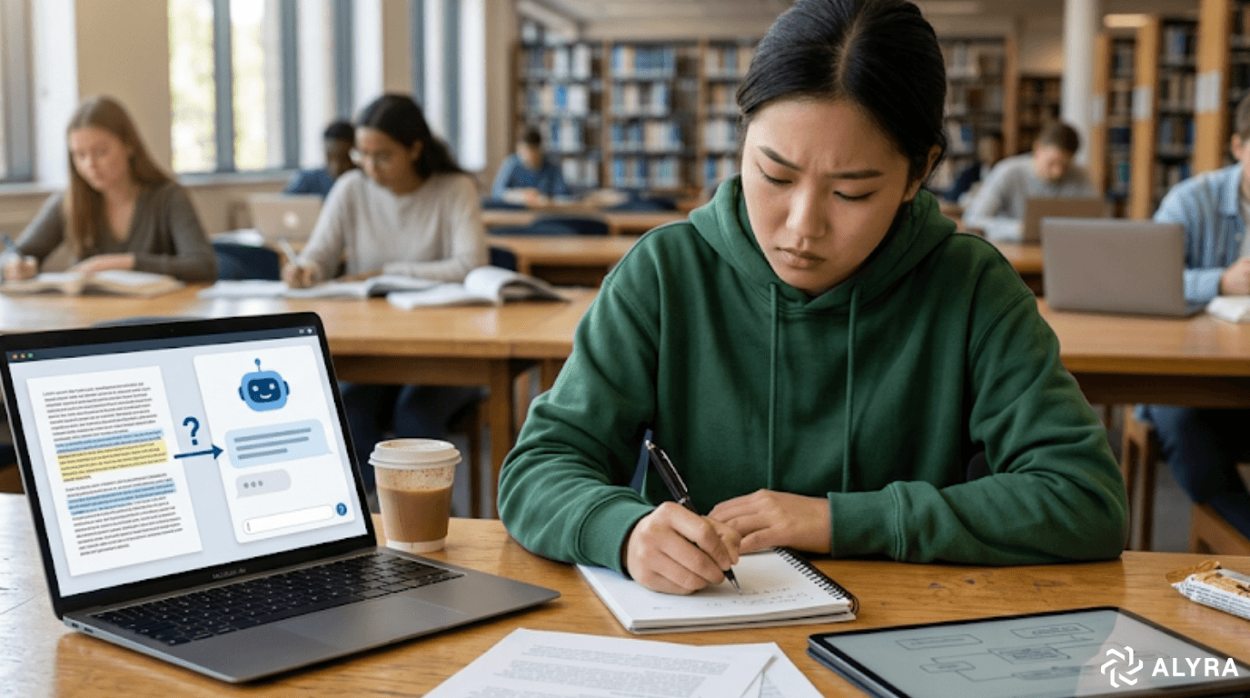 Une étudiante concentrée prend des notes manuscrites dans une bibliothèque, avec un ordinateur portable affichant une intelligence artificielle ouvert à côté d'elle, illustrant un apprentissage actif assisté par l'IA.