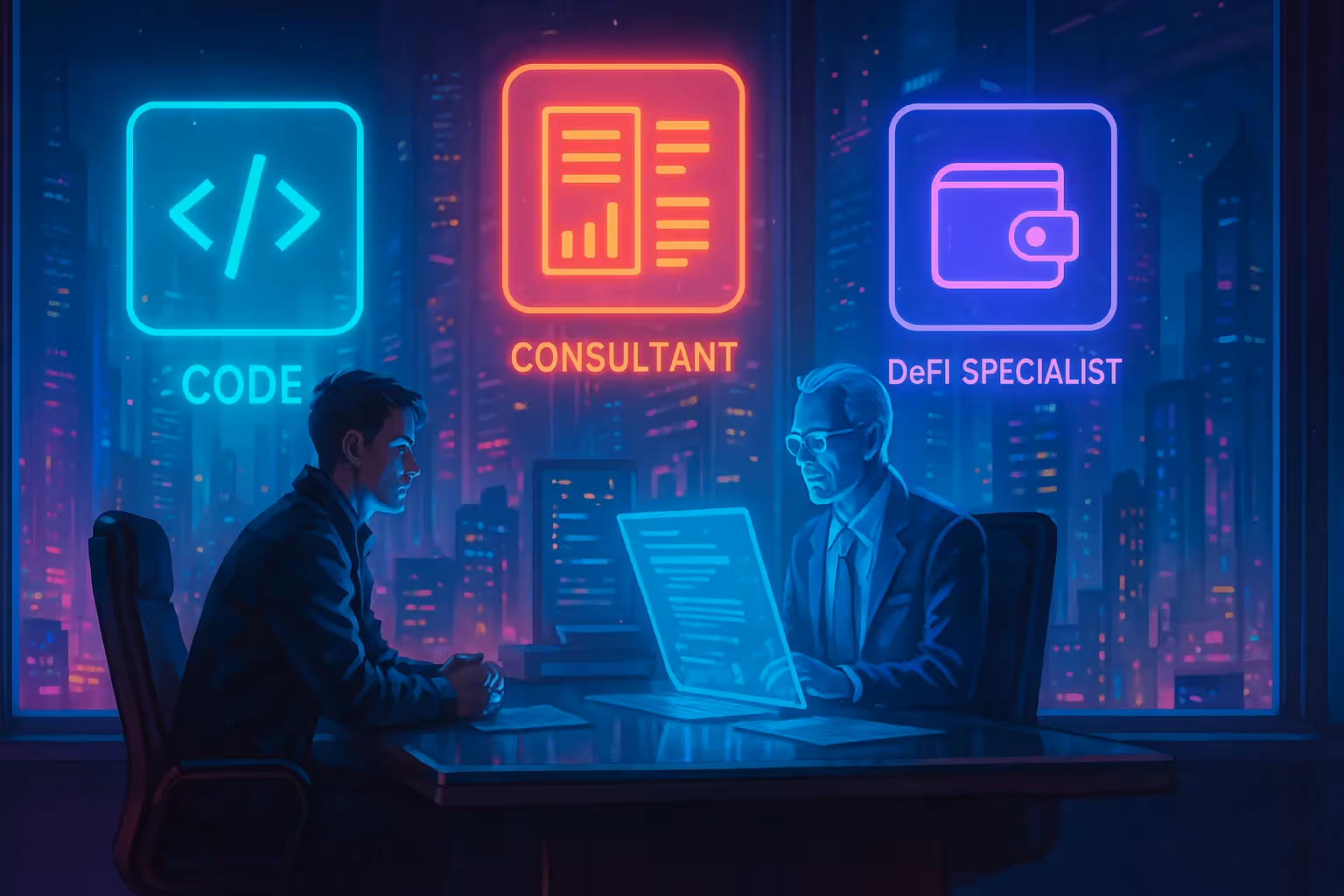 Illustration cyberpunk entretien d’embauche blockchain Web3